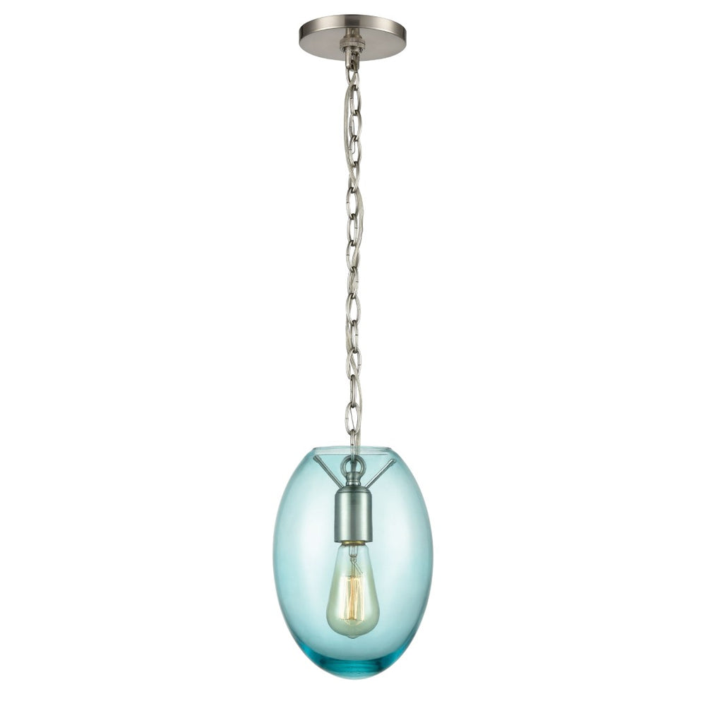 Atlas Ellipsa 7'' Wide Mini Pendant Light - Contemporary Satin Nickel with Elegant Blue Glass Shade CL11578-BL