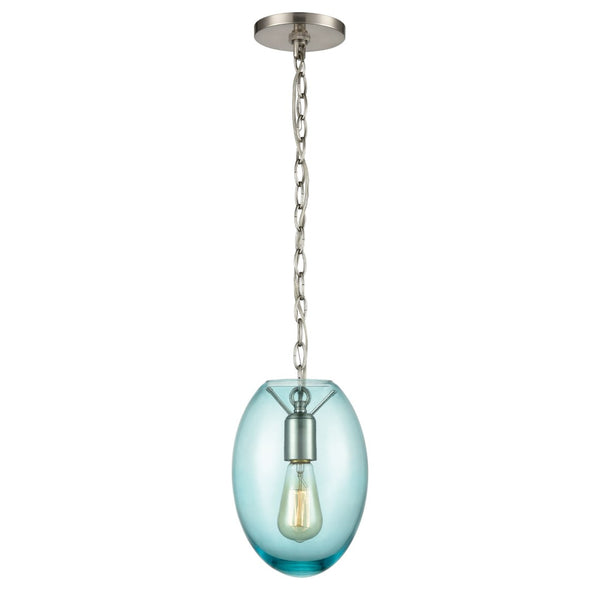 Atlas Ellipsa 7'' Wide Mini Pendant Light - Contemporary Satin Nickel with Elegant Blue Glass Shade CL11578-BL