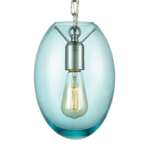 Atlas Ellipsa 7'' Wide Mini Pendant Light - Contemporary Satin Nickel with Elegant Blue Glass Shade CL11578-BL