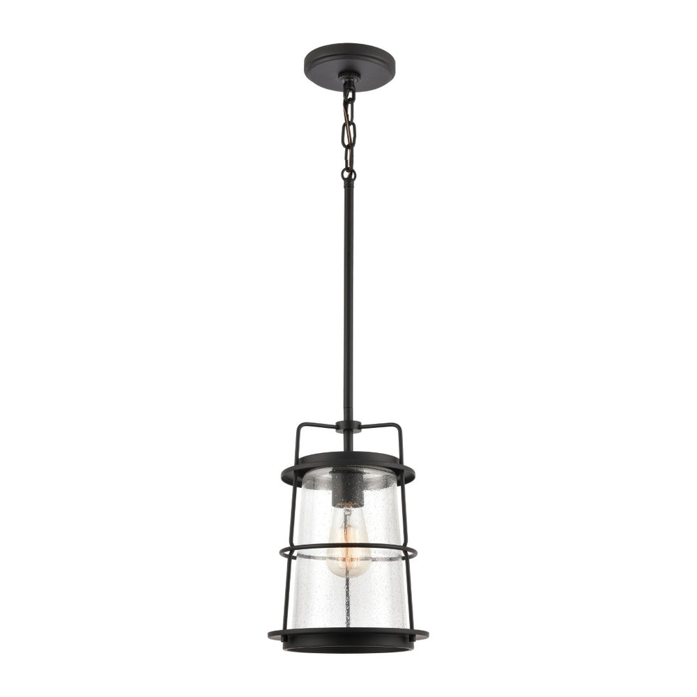 Atlas Kennington 8" Wide Mini Pendant Light - Industrial Seedy Glass Shade & Black Metal Finish for Style CL11616-BK