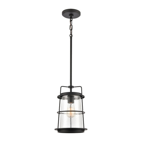 Atlas Kennington 8" Wide Mini Pendant Light - Industrial Seedy Glass Shade & Black Metal Finish for Style CL11616-BK