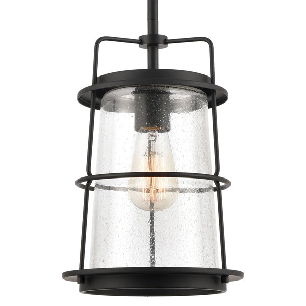 Atlas Kennington 8" Wide Mini Pendant Light - Industrial Seedy Glass Shade & Black Metal Finish for Style CL11616-BK