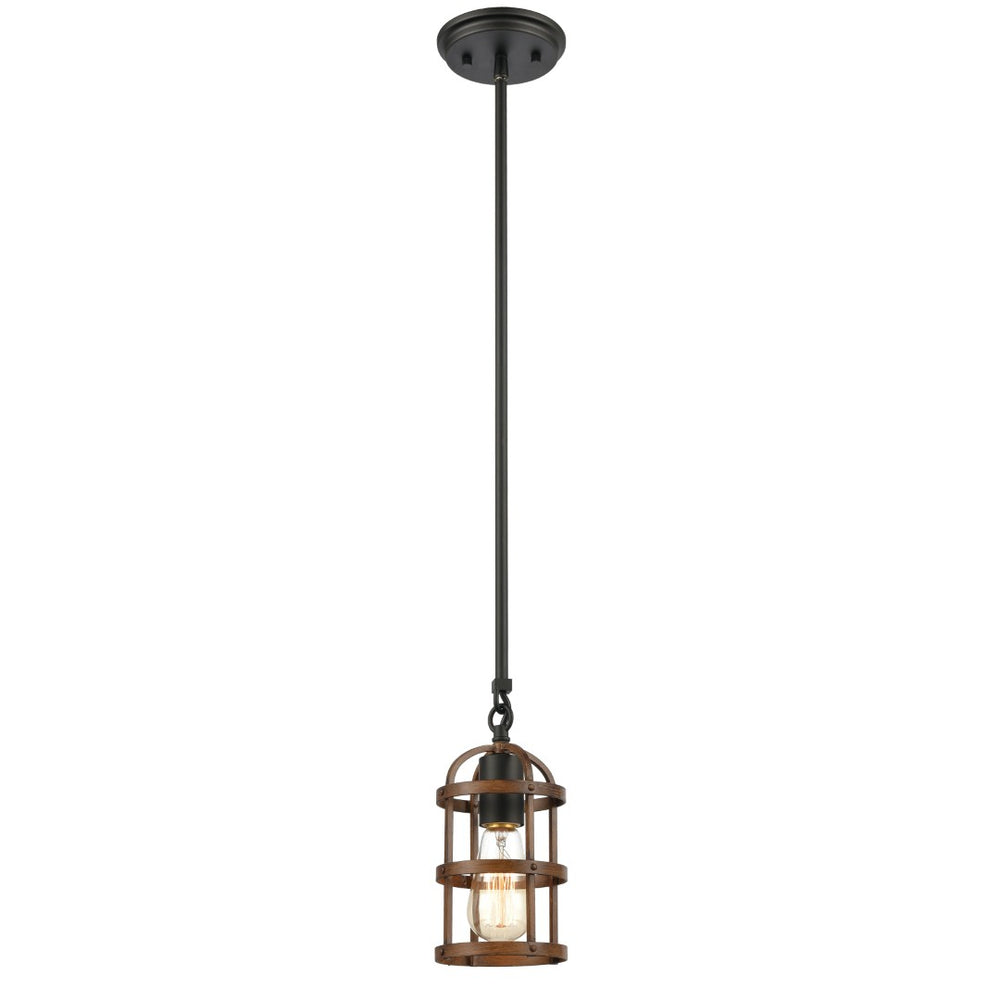 Atlas Millville 5'' Wide Mini Pendant Light - Rustic Industrial Cage Design in Matte Black & Oak Finish CL11638-BK