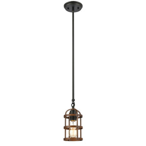 Atlas Millville 5'' Wide Mini Pendant Light - Rustic Industrial Cage Design in Matte Black & Oak Finish CL11638-BK