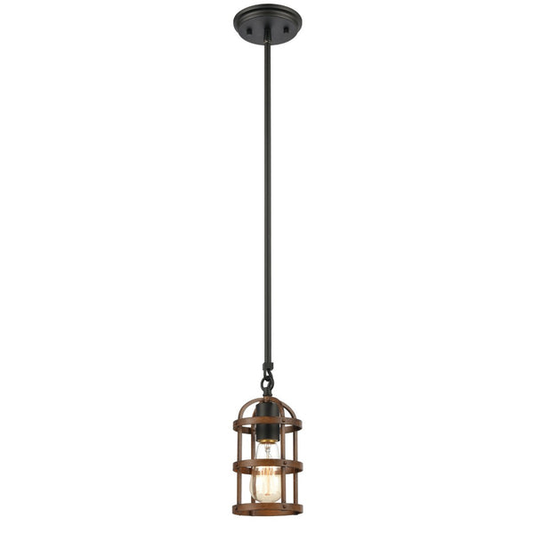 Atlas Millville 5'' Wide Mini Pendant Light - Rustic Industrial Cage Design in Matte Black & Oak Finish CL11638-BK
