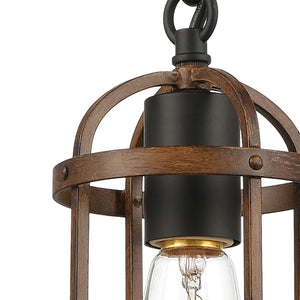 Atlas Millville 5'' Wide Mini Pendant Light - Rustic Industrial Cage Design in Matte Black & Oak Finish CL11638-BK
