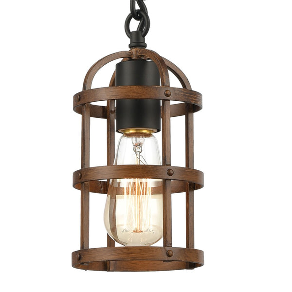 Atlas Millville 5'' Wide Mini Pendant Light - Rustic Industrial Cage Design in Matte Black & Oak Finish CL11638-BK