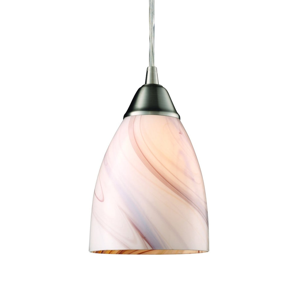 Atlas Pierra 5'' Wide 1-Light Pendant - Hand-Blown Red Candy Glass Shade for Stunning Indoor Illumination Satin Nickel with Creme Lilac Swirl CL11662-WH