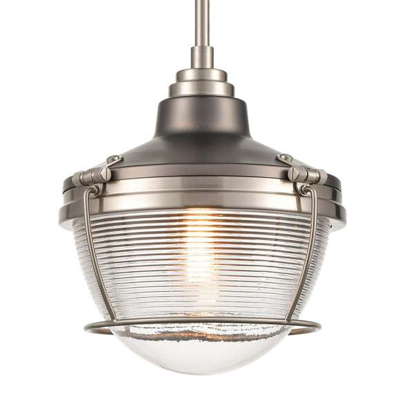 Atlas Seaway Passage 10” Wide Nautical-Inspired Mini Pendant Light with Ribbed Glass for Stylish Interiors Satin Nickel CL11677-NK2