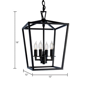 Atlas Cage Elegant Lantern-Style 4-Light Pendant with Open Framework for Warm Ambient Illumination Matte Black 12'' CL11742-BK
