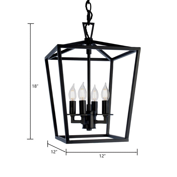 Atlas Cage Elegant Lantern-Style 4-Light Pendant with Open Framework for Warm Ambient Illumination Matte Black 12'' CL11742-BK