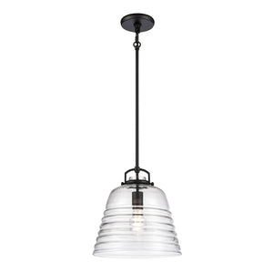 Atlas Current 1-Light Pendant - Industrial-Modern Ripple Glass Shade for Contemporary Home Illumination Matte Black 12'' CL11759-BK
