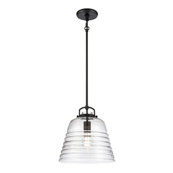 Atlas Current 1-Light Pendant - Industrial-Modern Ripple Glass Shade for Contemporary Home Illumination Matte Black 12'' CL11759-BK