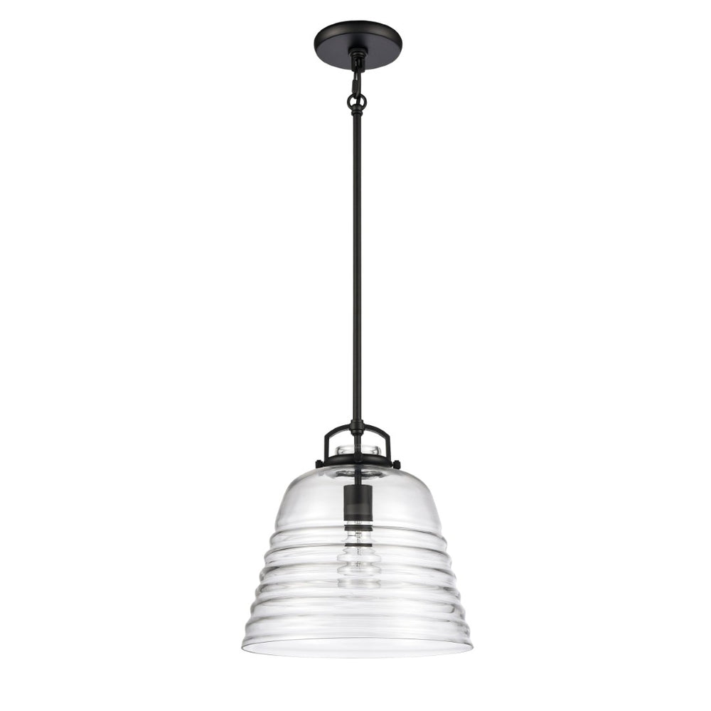Atlas Current 1-Light Pendant - Industrial-Modern Ripple Glass Shade for Contemporary Home Illumination Matte Black 12'' CL11759-BK