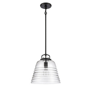 Atlas Current 1-Light Pendant - Industrial-Modern Ripple Glass Shade for Contemporary Home Illumination Matte Black 12'' CL11759-BK