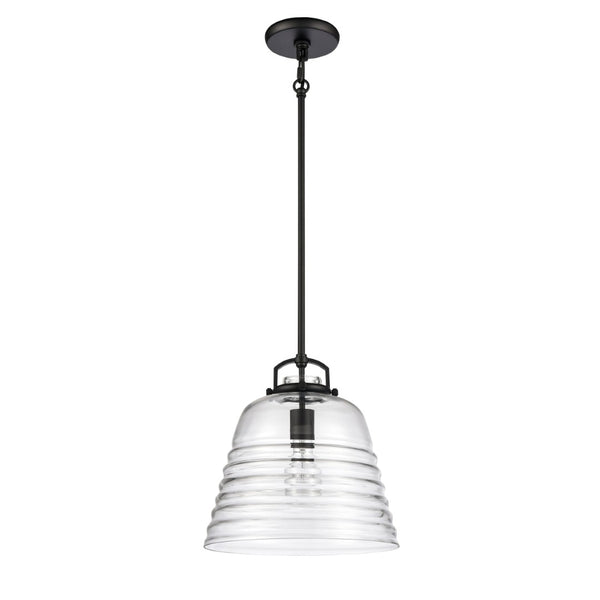 Atlas Current 1-Light Pendant - Industrial-Modern Ripple Glass Shade for Contemporary Home Illumination Matte Black 12'' CL11759-BK