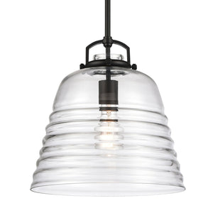 Atlas Current 1-Light Pendant - Industrial-Modern Ripple Glass Shade for Contemporary Home Illumination Matte Black 12'' CL11759-BK