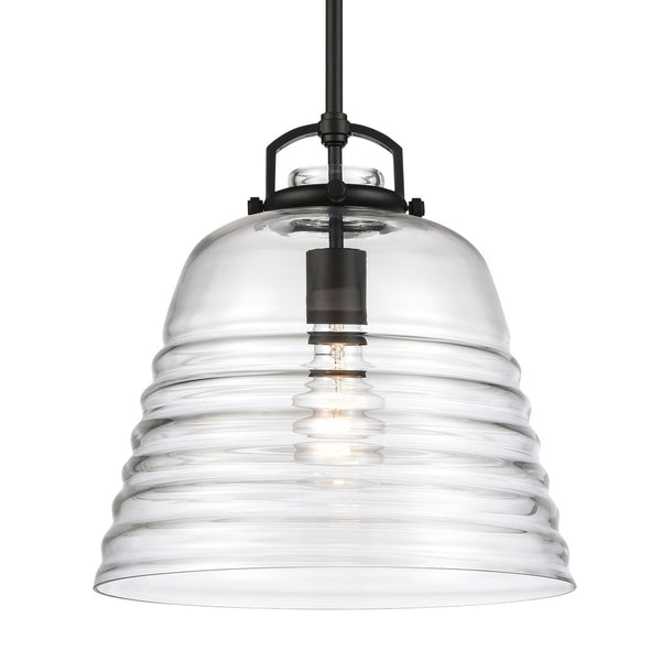 Atlas Current 1-Light Pendant - Industrial-Modern Ripple Glass Shade for Contemporary Home Illumination Matte Black 12'' CL11759-BK