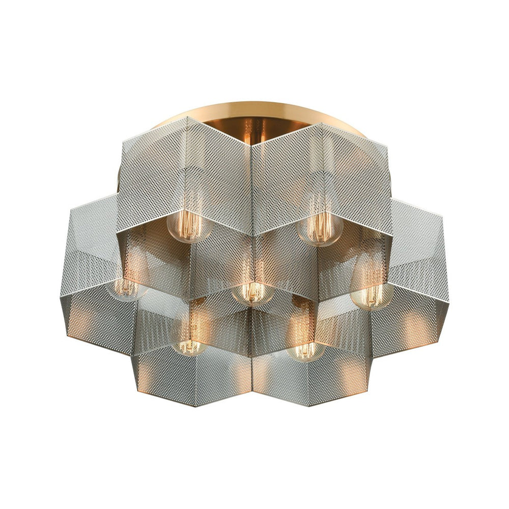 Atlas Compartir Modern 7-Light Semi Flush Mount - Honeycomb Design with Satin Brass & Geometric Style Polished Nickel 19'' CL11877-BS