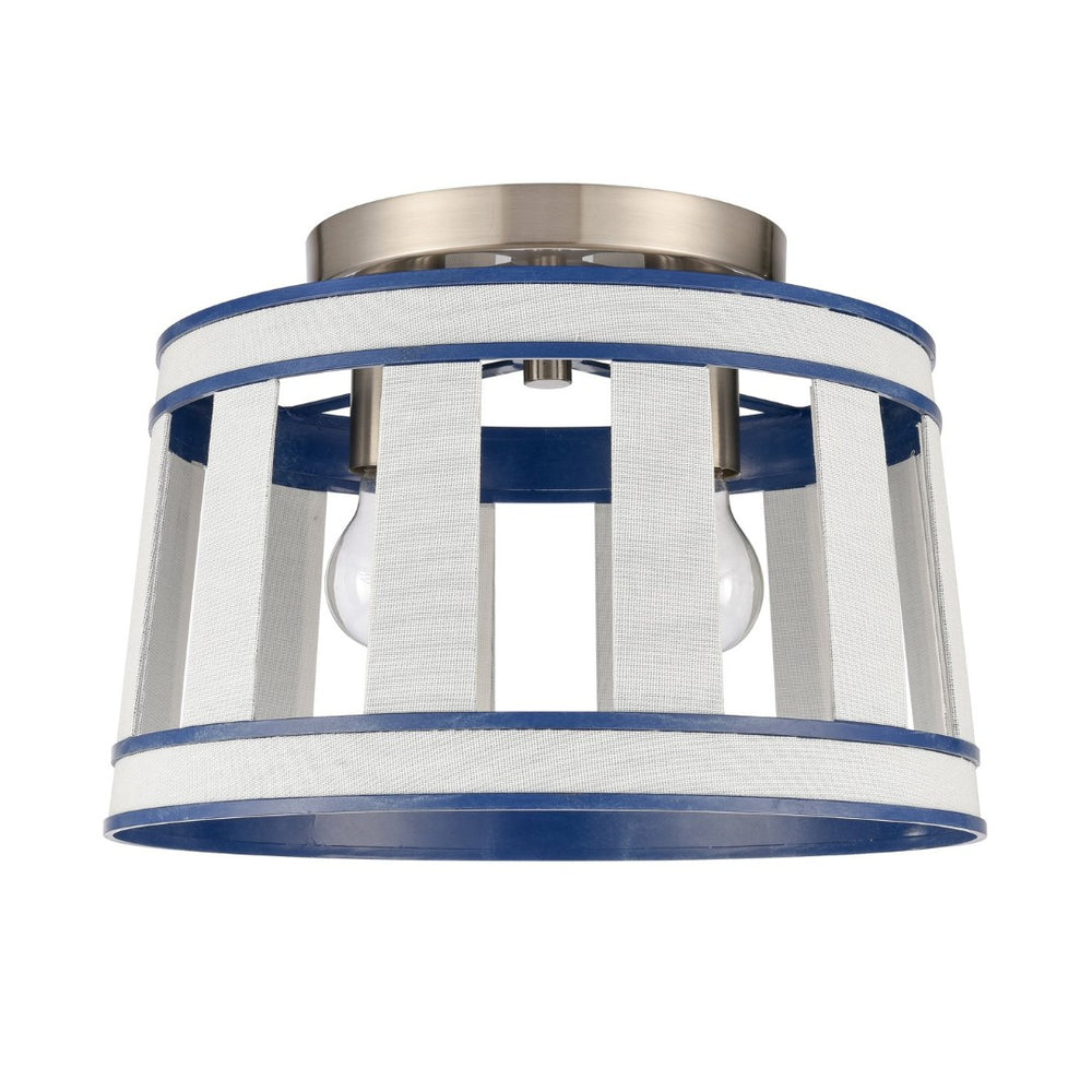 Atlas White Burlap 14'' Semi Flush Mount Light Fixture - Coastal Ocean Blue Shade & Satin Nickel Accents CL11923-WH