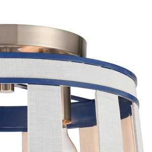 Atlas White Burlap 14'' Semi Flush Mount Light Fixture - Coastal Ocean Blue Shade & Satin Nickel Accents CL11923-WH