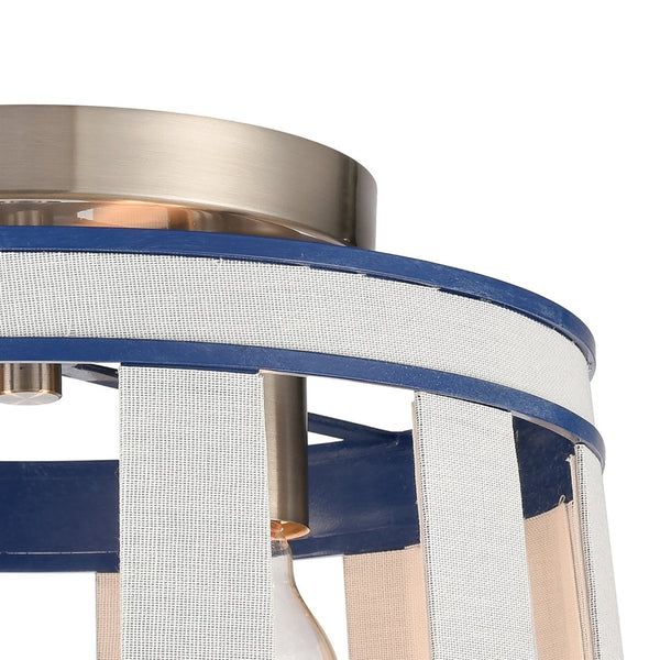 Atlas White Burlap 14'' Semi Flush Mount Light Fixture - Coastal Ocean Blue Shade & Satin Nickel Accents CL11923-WH