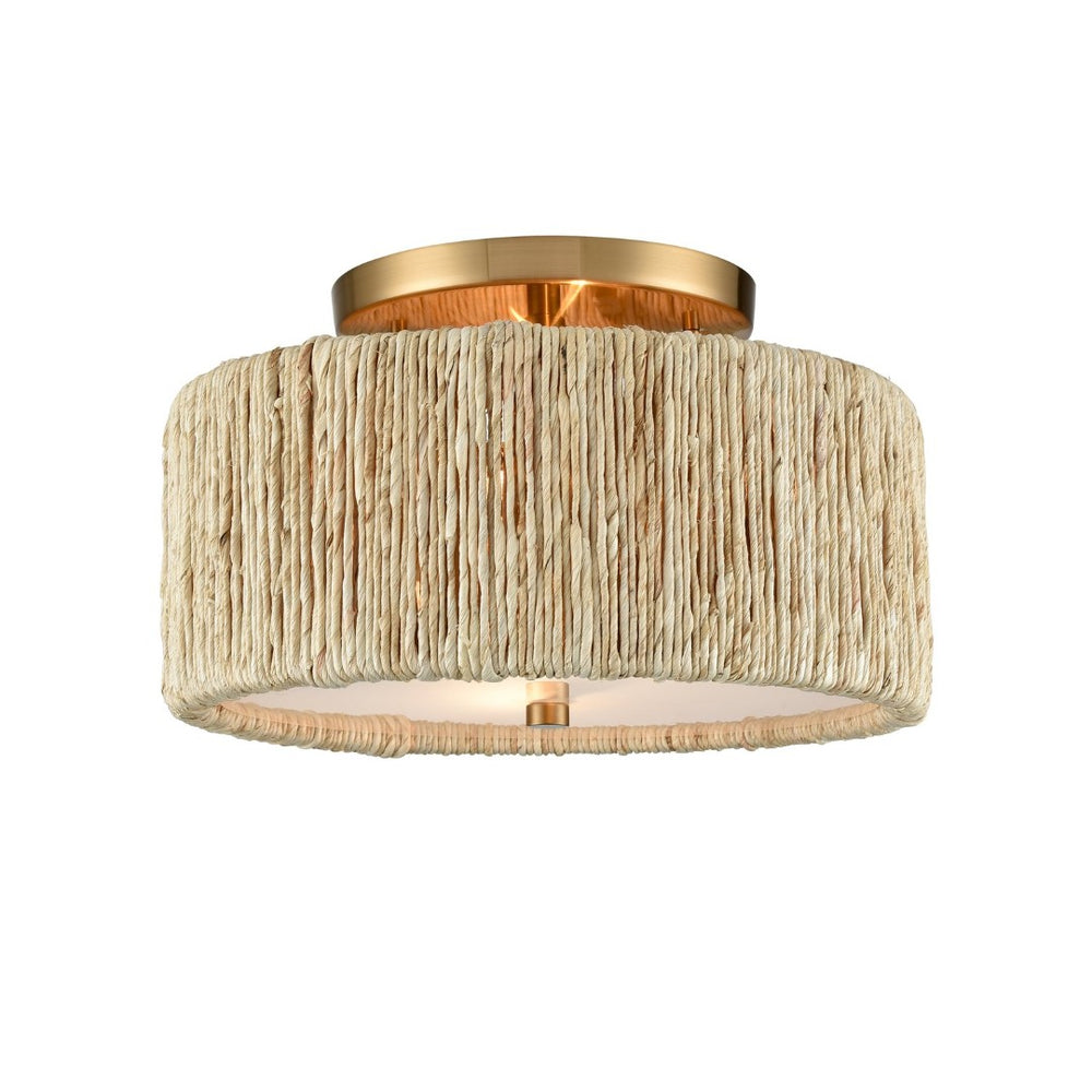 Atlas Abaca Handcrafted 2-Light Semi-Flush Mount Ceiling Fixture with Natural Rope Shade for Elegant Spaces Satin Brass 14'' CL12039-BS