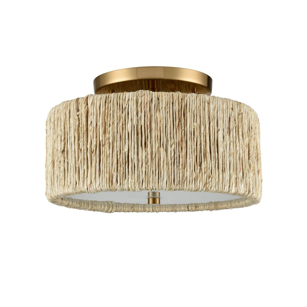 Atlas Abaca Handcrafted 2-Light Semi-Flush Mount Ceiling Fixture with Natural Rope Shade for Elegant Spaces Satin Brass 14'' CL12039-BS