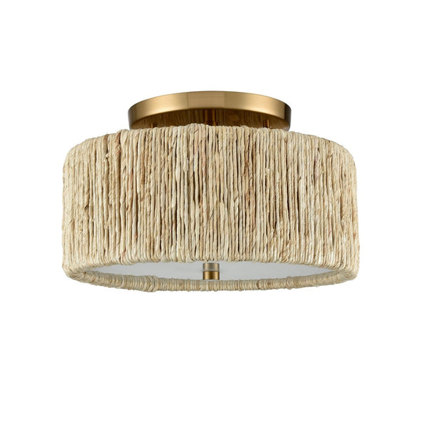 Atlas Abaca Handcrafted 2-Light Semi-Flush Mount Ceiling Fixture with Natural Rope Shade for Elegant Spaces Satin Brass 14'' CL12039-BS