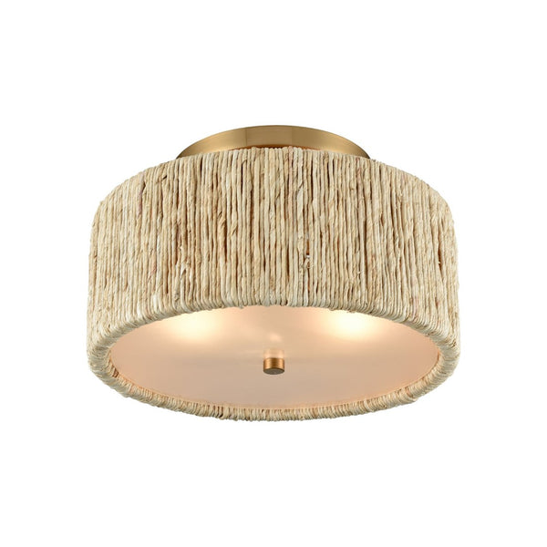 Atlas Abaca Handcrafted 2-Light Semi-Flush Mount Ceiling Fixture with Natural Rope Shade for Elegant Spaces Satin Brass 14'' CL12039-BS