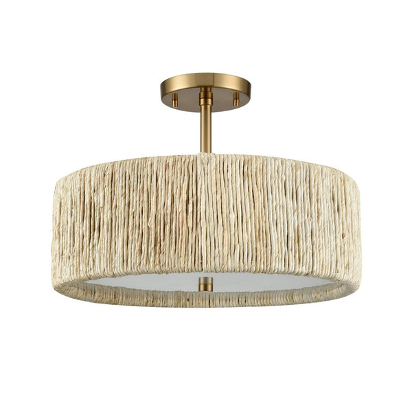 Atlas Abaca Handcrafted 2-Light Semi-Flush Mount Ceiling Fixture with Natural Rope Shade for Elegant Spaces Satin Brass 17'' CL12040-BS