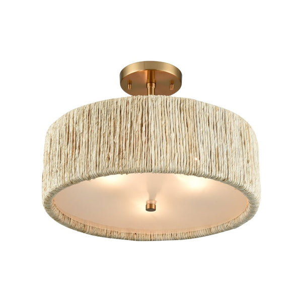 Atlas Abaca Handcrafted 2-Light Semi-Flush Mount Ceiling Fixture with Natural Rope Shade for Elegant Spaces Satin Brass 17'' CL12040-BS