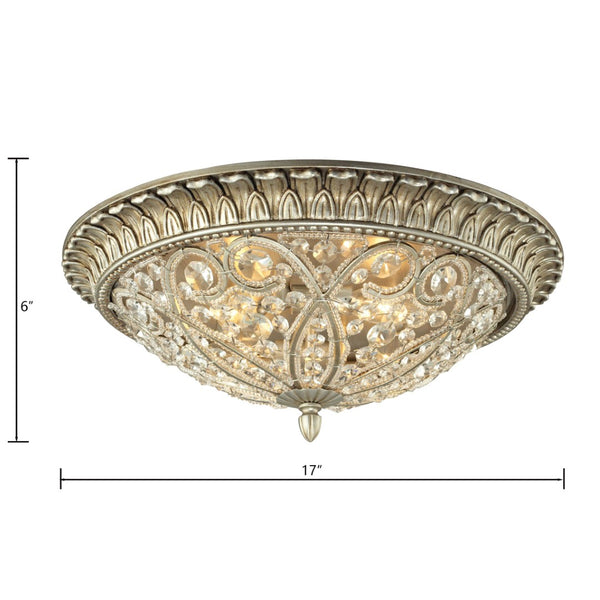 Atlas Andalusia 8-Light Flush Mount Ceiling Fixture – Luxurious Crystal Accents and Decorative Filigree Design Aged Silver 17'' CL12056-SV