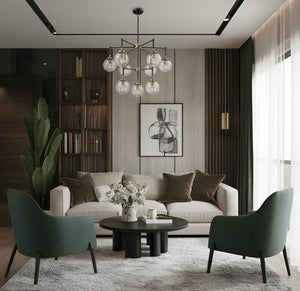 Atlas Boudreaux 12-Light Chandelier - Midcentury Modern Design with Radiant Glass Globes for Any Space Matte Black with Antique Gold 30'' CL12080-GD