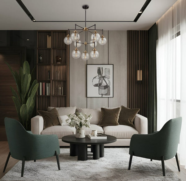 Atlas Boudreaux 12-Light Chandelier - Midcentury Modern Design with Radiant Glass Globes for Any Space Matte Black with Antique Gold 30'' CL12080-GD