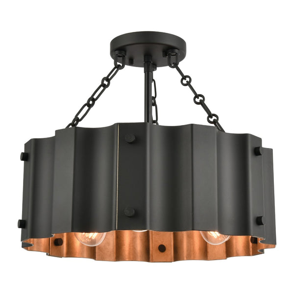 Atlas Clausten 17'' Wide 3-Light Semi Flush Mount - Industrial Corrugated Metal Shade for Modern Spaces Black CL12143-BK