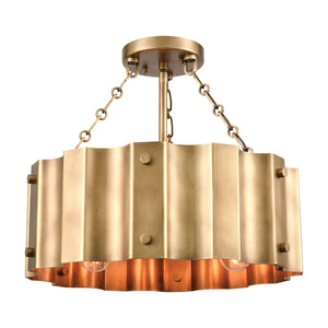Atlas Clausten 17'' Wide 3-Light Semi Flush Mount - Industrial Corrugated Metal Shade for Modern Spaces Brass CL12143-BS