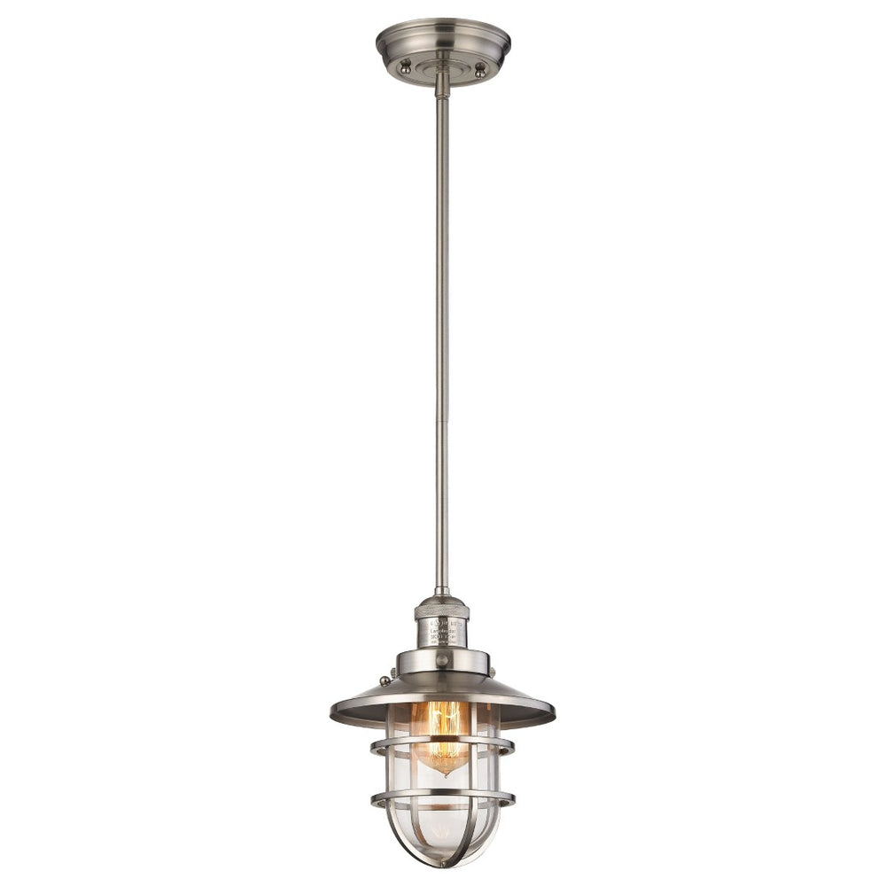 Atlas Seaport 8" Wide Mini Pendant Light - Nautical Steel Cage & Clear Glass Shade in Satin Nickel Finish CL12424-NK