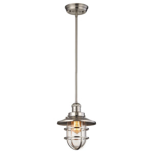 Atlas Seaport 8" Wide Mini Pendant Light - Nautical Steel Cage & Clear Glass Shade in Satin Nickel Finish CL12424-NK
