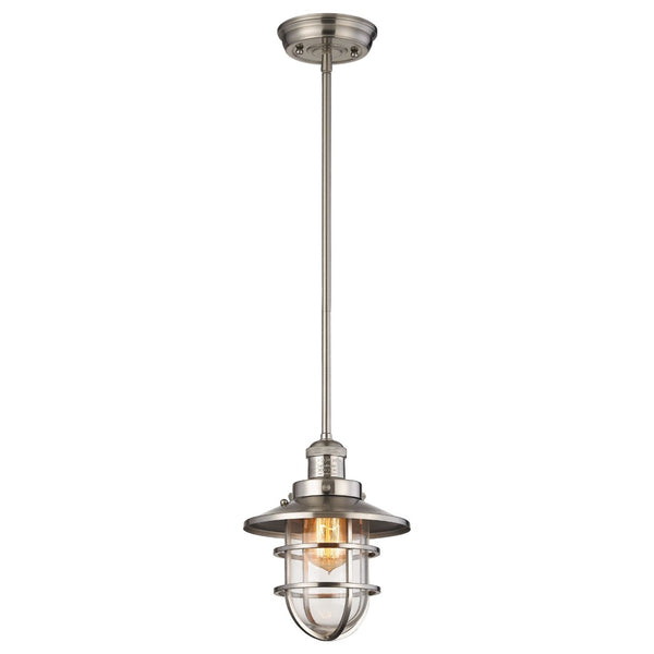 Atlas Seaport 8" Wide Mini Pendant Light - Nautical Steel Cage & Clear Glass Shade in Satin Nickel Finish CL12424-NK