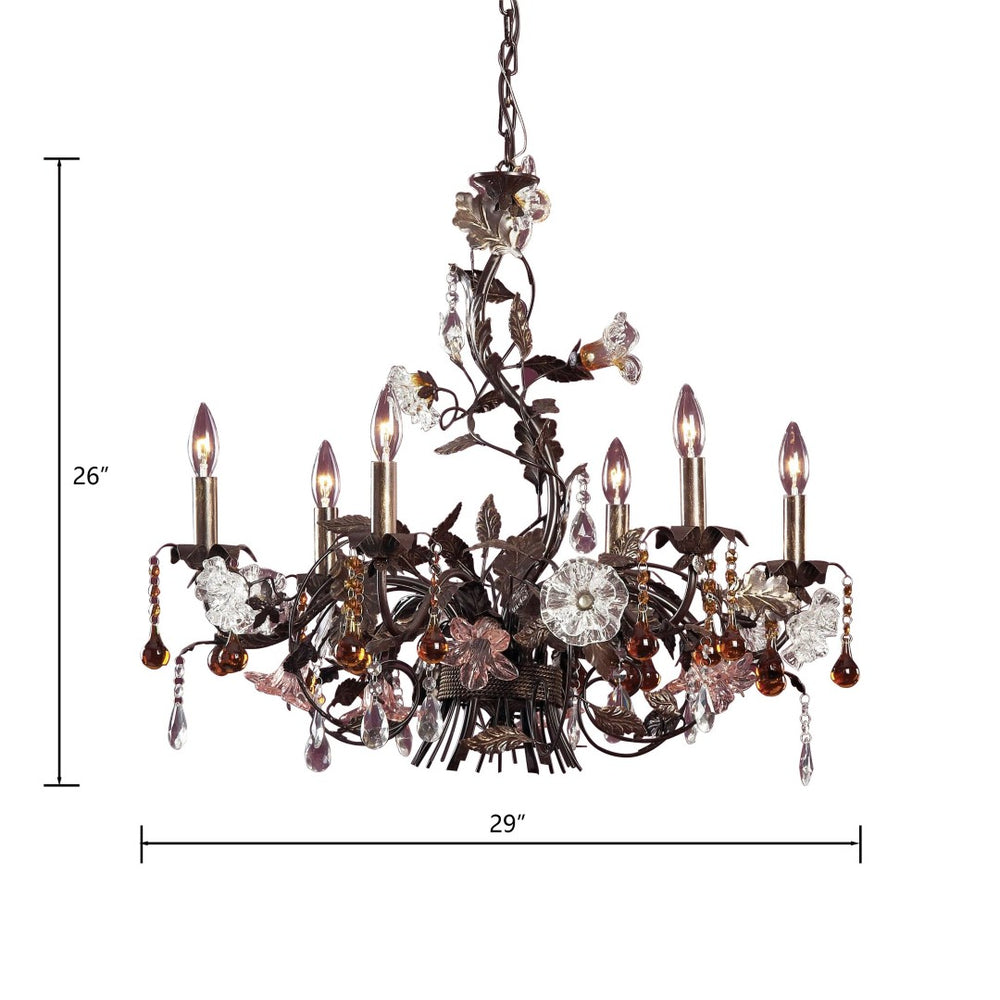 Atlas Cristallo Fiore 6-Light Chandelier – Hand-Blown Glass, Crystal Drops for Elegant Indoor Spaces Bronze 29'' CL12529-BZ