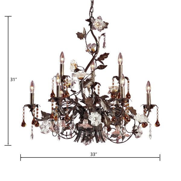 Atlas Cristallo Fiore 6-Light Chandelier – Hand-Blown Glass, Crystal Drops for Elegant Indoor Spaces Bronze 33'' CL12530-BZ
