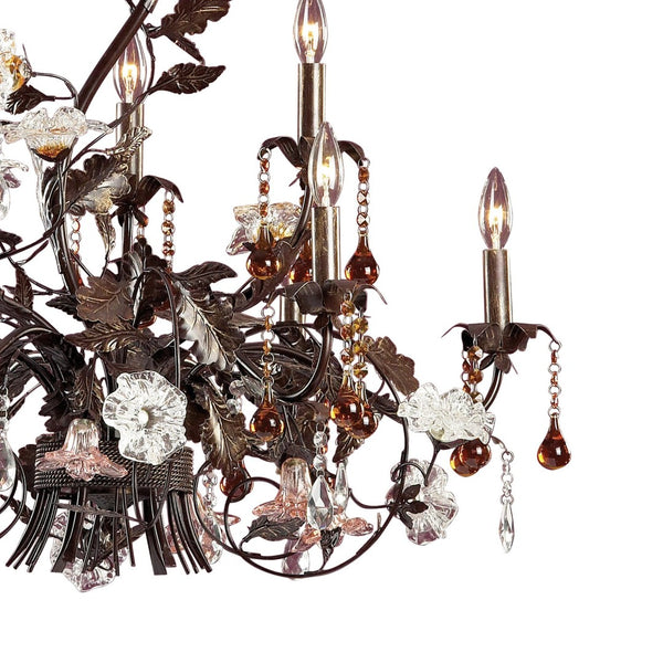 Atlas Cristallo Fiore 6-Light Chandelier – Hand-Blown Glass, Crystal Drops for Elegant Indoor Spaces Bronze 33'' CL12530-BZ