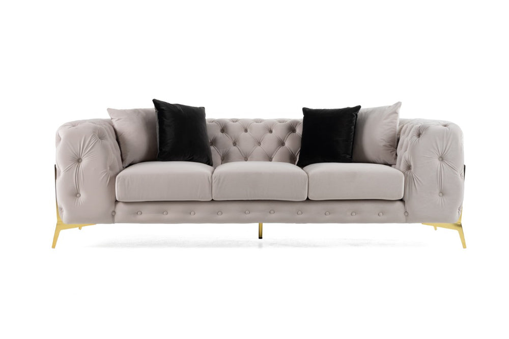 VIG Furniture Clarice Velvet Sofa In Light Beige With Gold Legs, Tufted Back, Removable Cushions, Seats 3 Elegantly VGAH-SF1013-3-BGE