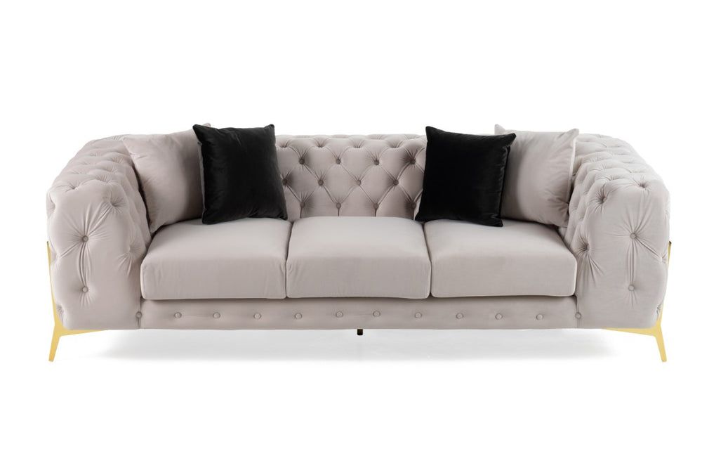 VIG Furniture Clarice Velvet Sofa In Light Beige With Gold Legs, Tufted Back, Removable Cushions, Seats 3 Elegantly VGAH-SF1013-3-BGE