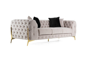 VIG Furniture Clarice Velvet Sofa In Light Beige With Gold Legs, Tufted Back, Removable Cushions, Seats 3 Elegantly VGAH-SF1013-3-BGE
