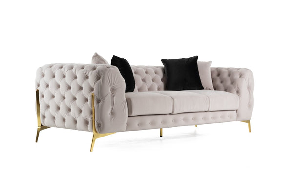 VIG Furniture Clarice Velvet Sofa In Light Beige With Gold Legs, Tufted Back, Removable Cushions, Seats 3 Elegantly VGAH-SF1013-3-BGE