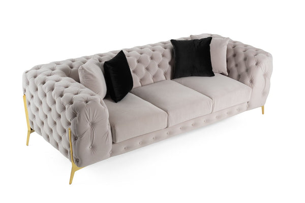 VIG Furniture Clarice Velvet Sofa In Light Beige With Gold Legs, Tufted Back, Removable Cushions, Seats 3 Elegantly VGAH-SF1013-3-BGE
