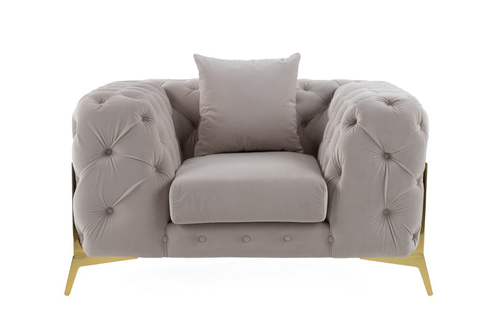 VIG Furniture Clarice Plush Light Beige Velvet Accent Chair With Button-Tufted Back, Gold Legs & Removable Cushions VGAH-SF1013-1-BGE