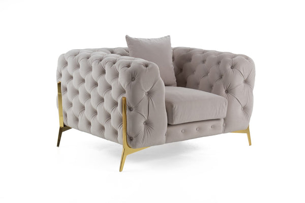VIG Furniture Clarice Plush Light Beige Velvet Accent Chair With Button-Tufted Back, Gold Legs & Removable Cushions VGAH-SF1013-1-BGE
